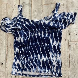 Blue and white tie dye tank top with a ruffle